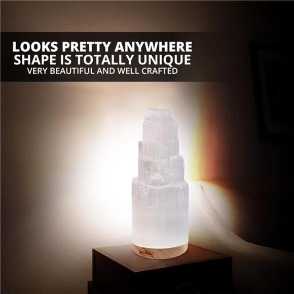 Selenite Crystal Lamp 20cm, Hand Curved Morocco |Skyscraper| Crystals and Stone - Picture 4 of 6